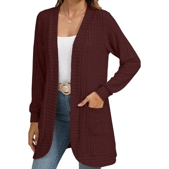 Women Small, Long Sleeve Open Front Cardigan Casual Lightweight Long, Dark Red - Picture 2 of 4